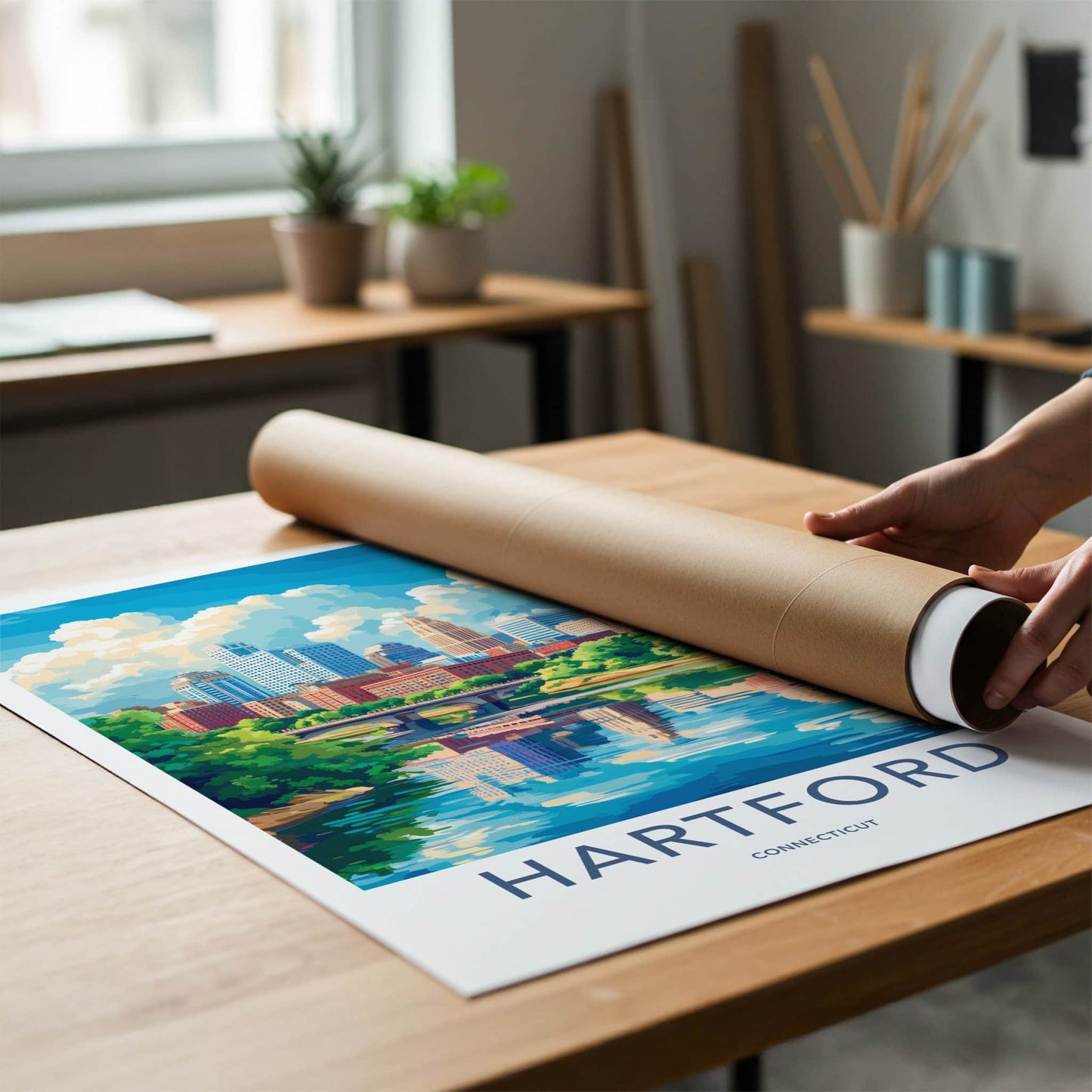 Hartford Poster - Connecticut Travel Art - Downtown River Scene Home Decor
