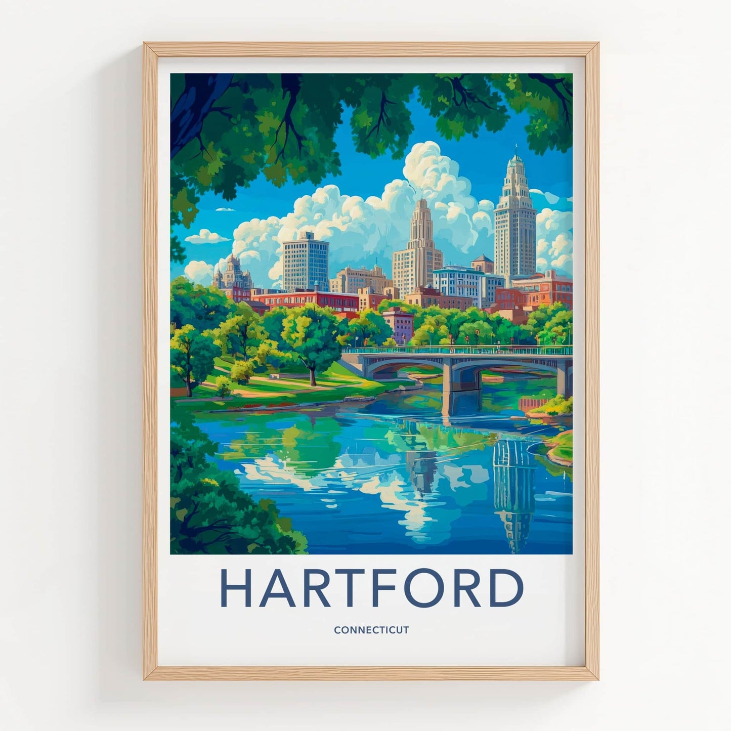 Hartford Poster - Connecticut Travel Art - Riverfront City Skyline Home Decor
