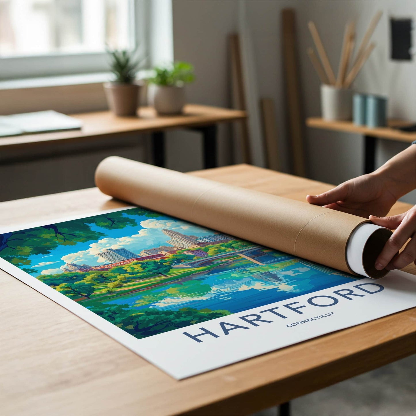 Hartford Poster - Connecticut Travel Art - Riverfront City Skyline Home Decor