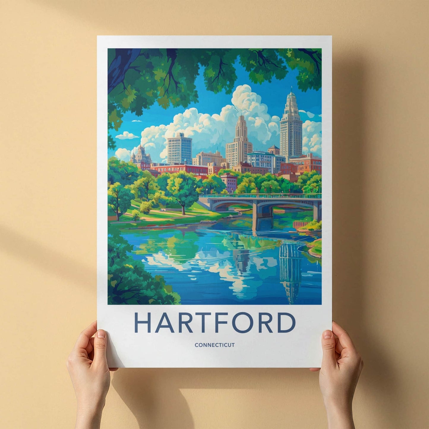 Hartford Poster - Connecticut Travel Art - Riverfront City Skyline Home Decor
