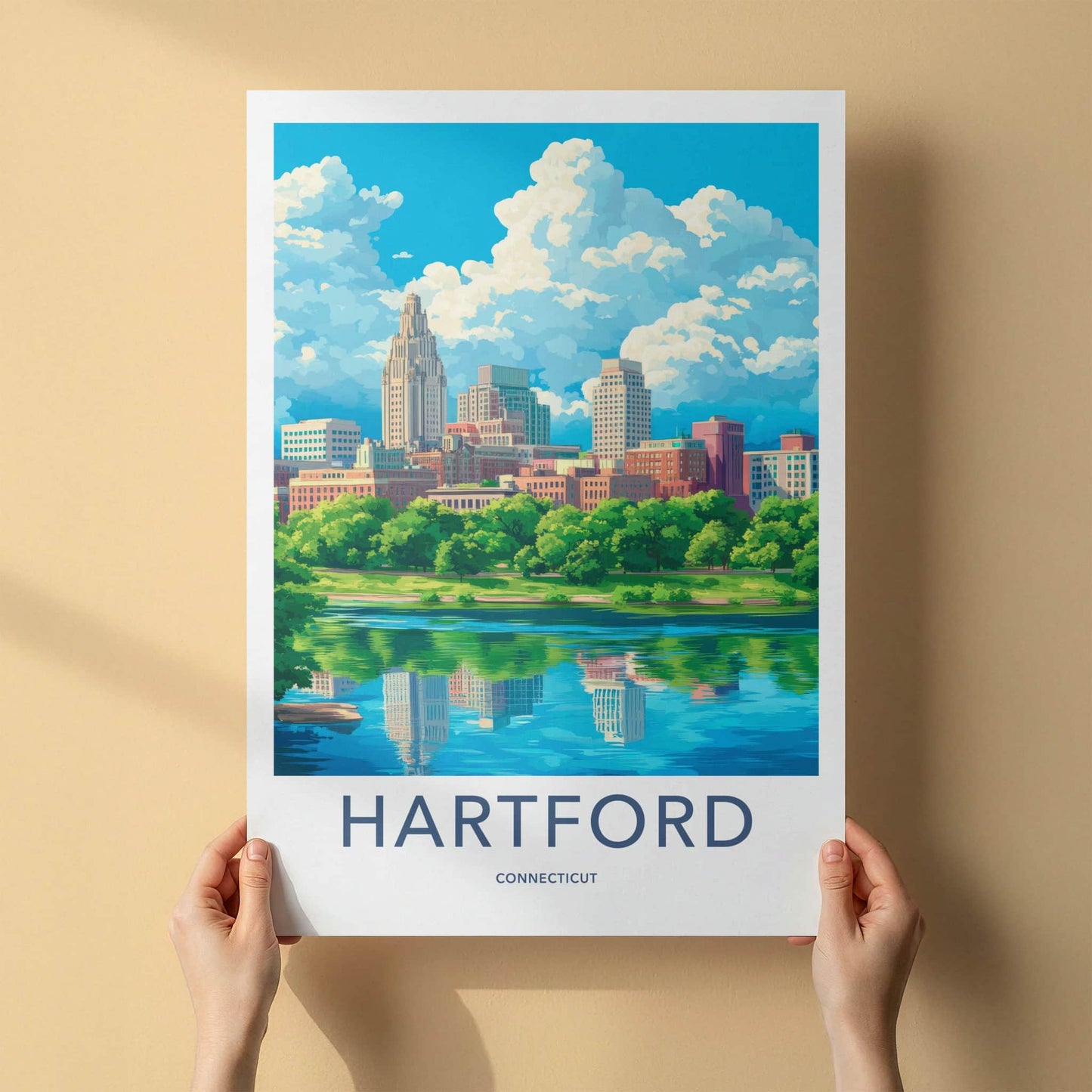 Hartford Poster - Connecticut Travel Art - Riverfront City View Home Decor