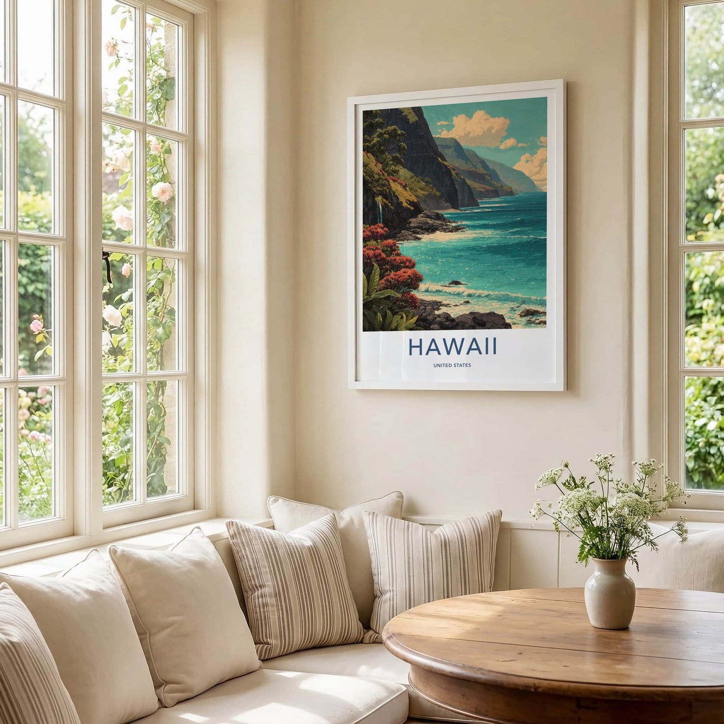 Hawaii Poster - Hawaii Travel Art - Coastal Cliffs Blooms Home Decor