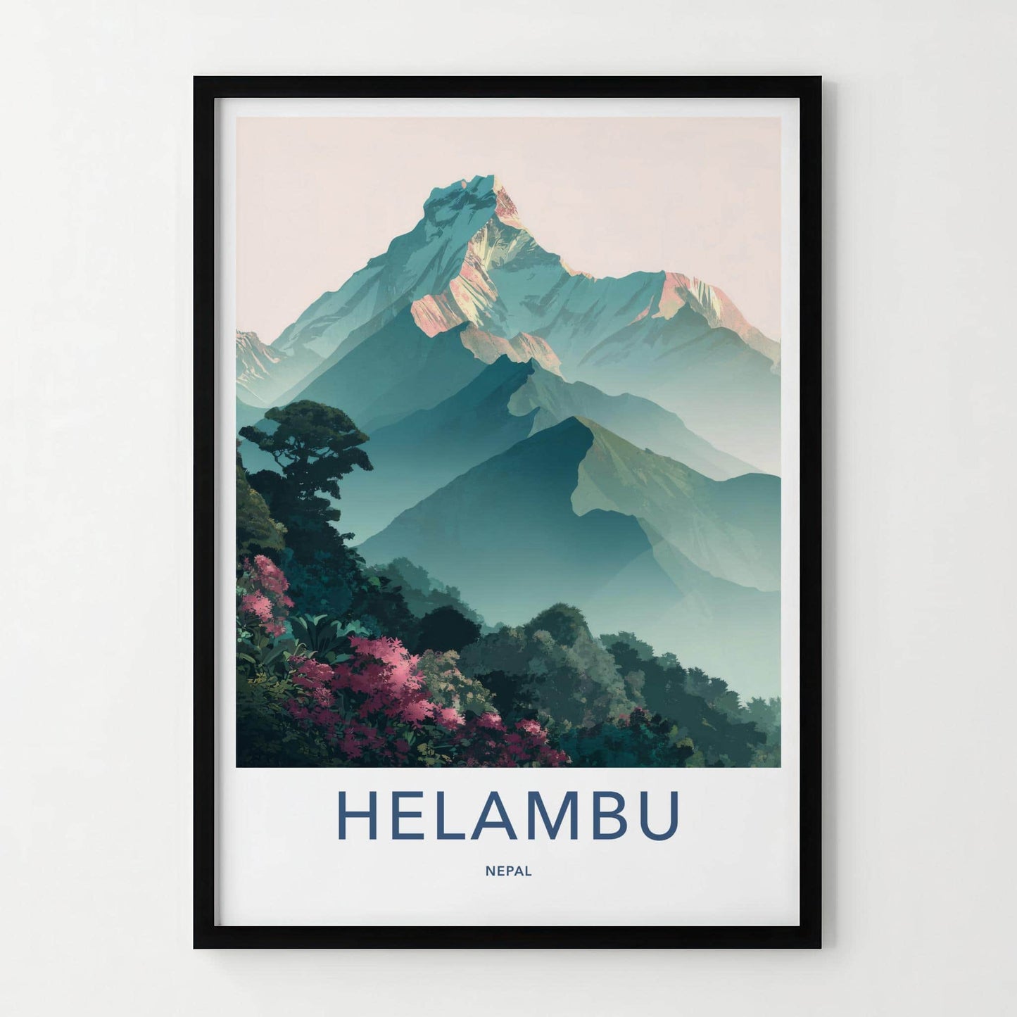 Helambu Poster - Nepal Travel Art - Misty Mountain Peaks Wall Decor