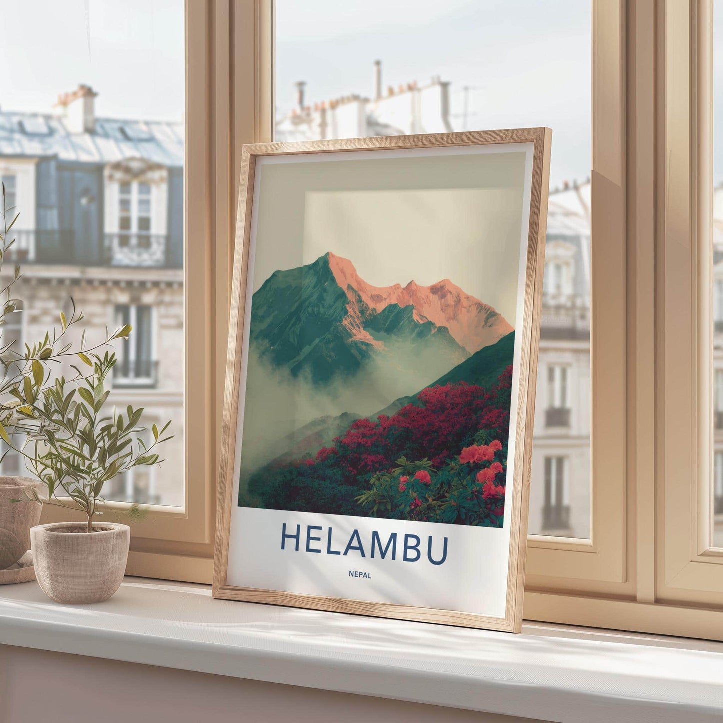 Helambu Poster - Nepal Travel Art - Misty Peaks Rhododendron Home Decor