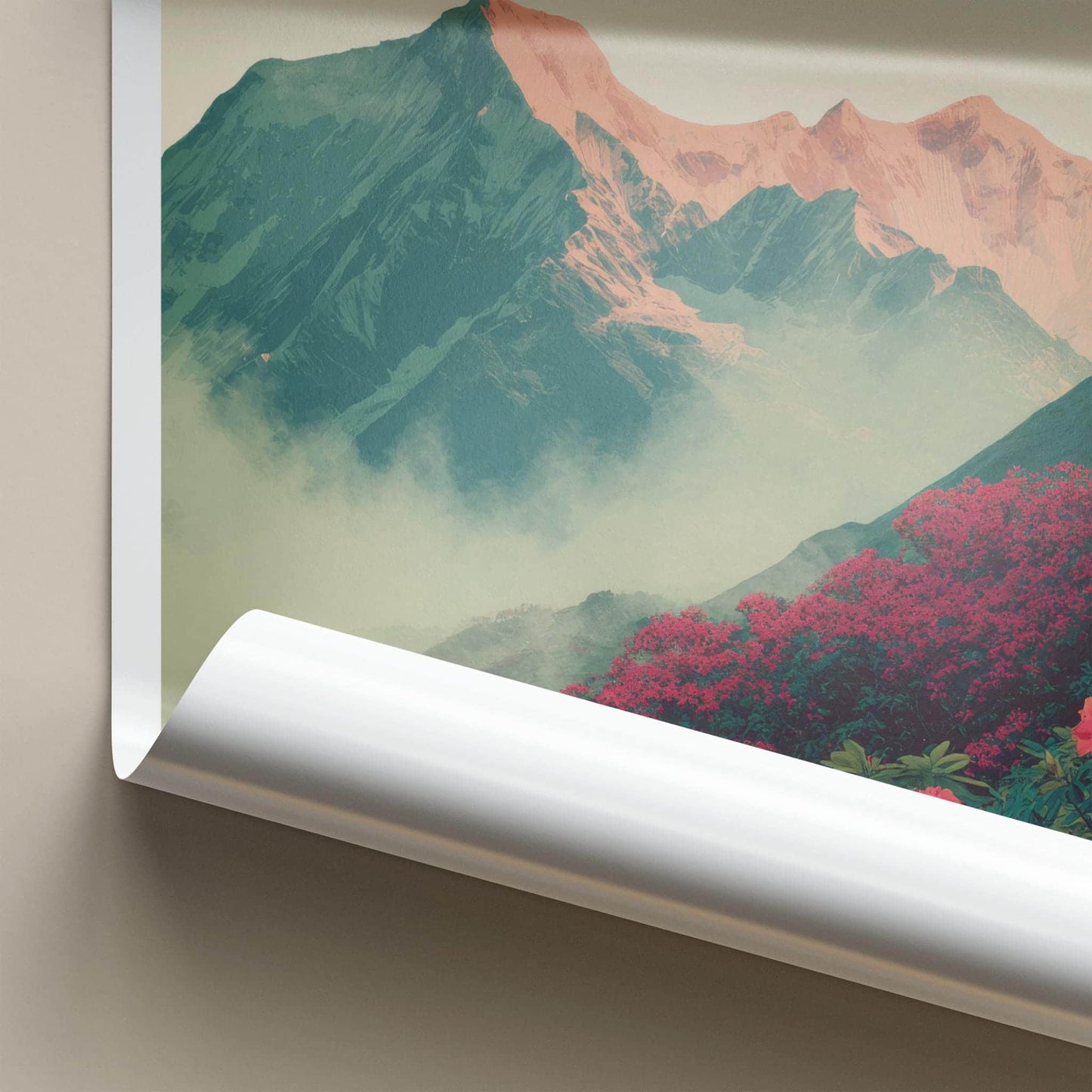 Helambu Poster - Nepal Travel Art - Misty Peaks Rhododendron Home Decor