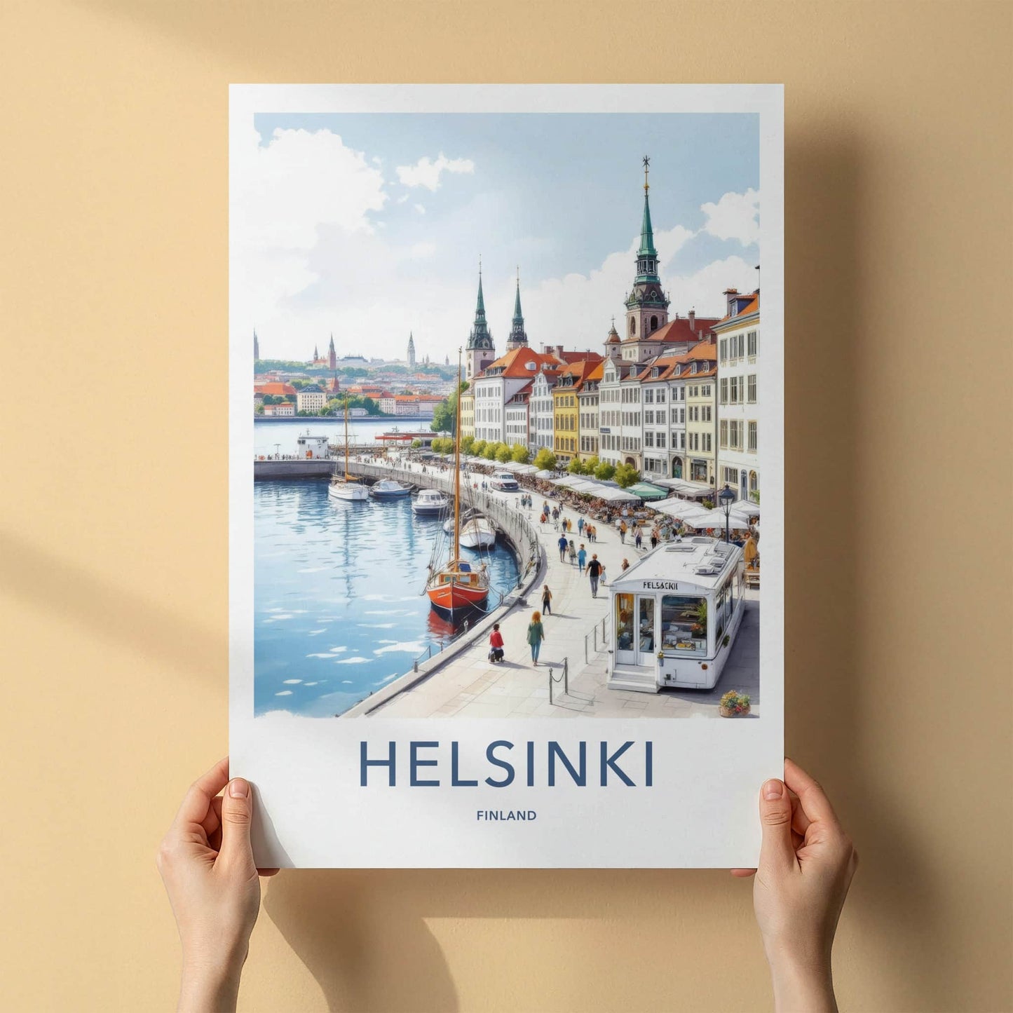 Helsinki Poster - Finland Travel Art - Waterfront Market Scene Home Decor