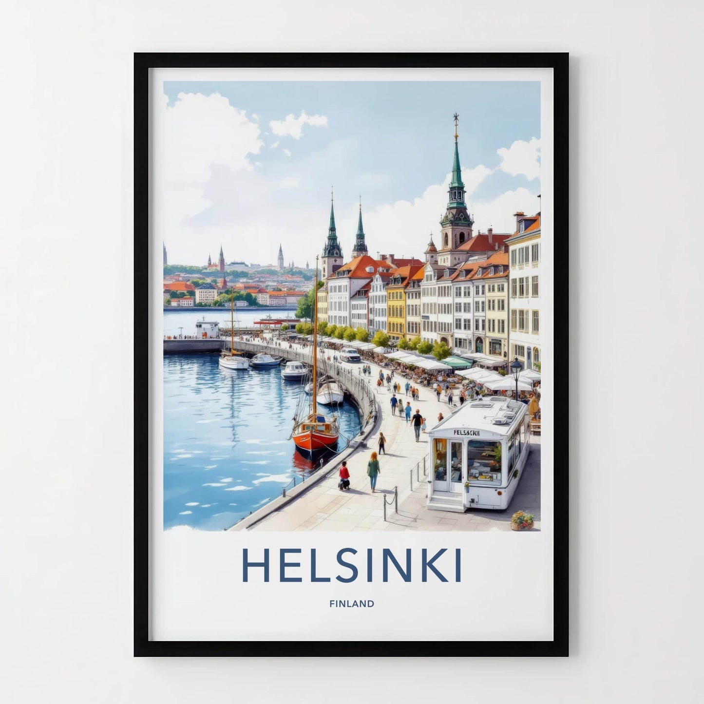 Helsinki Poster - Finland Travel Art - Waterfront Market Scene Home Decor