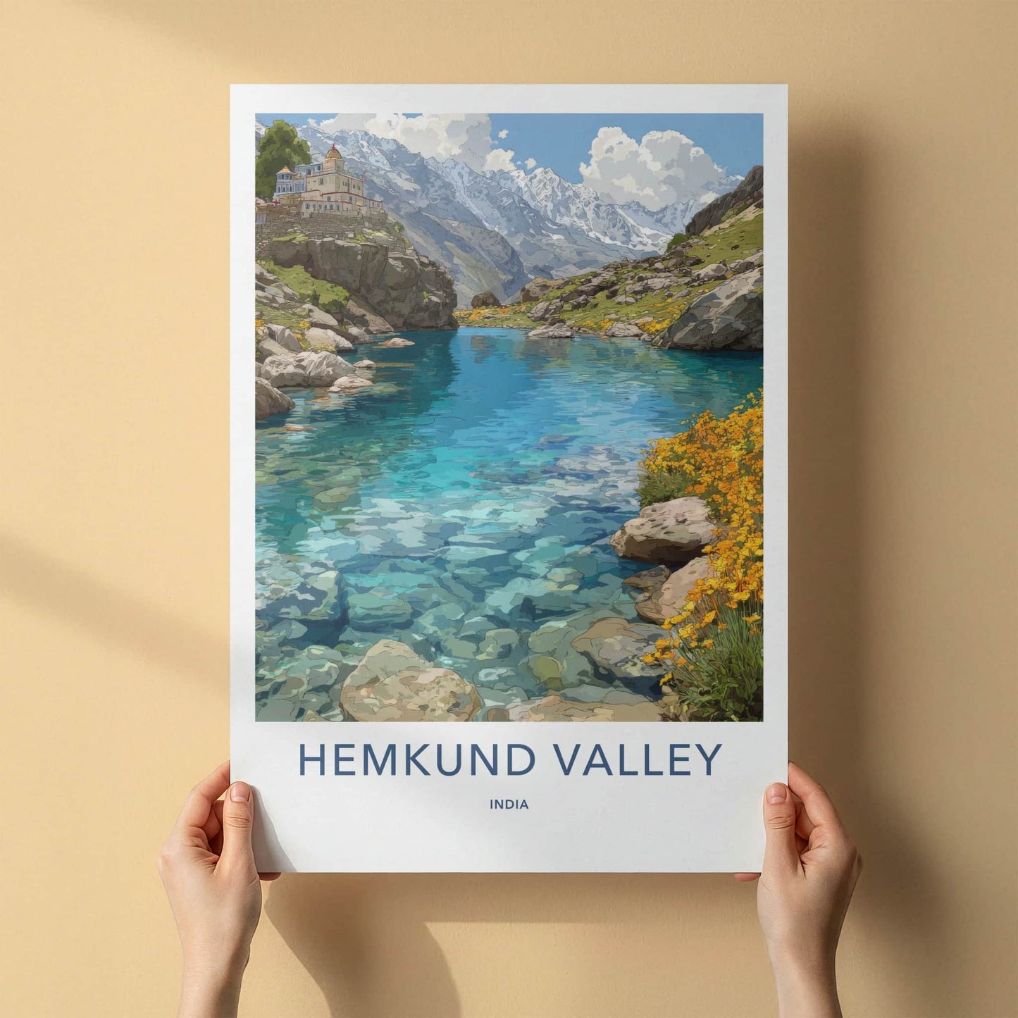 Hemkund Valley Poster - India Travel Art - Clear Lake Water Home Art