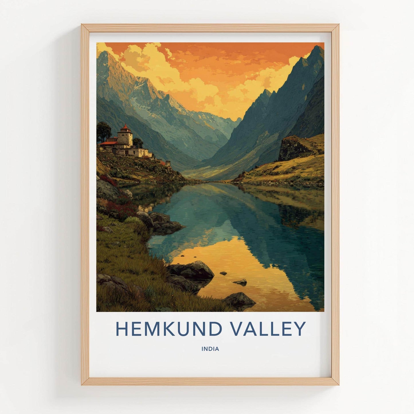 Hemkund Valley Poster - India Travel Art - Uttarakhand Lake Village Home Decor