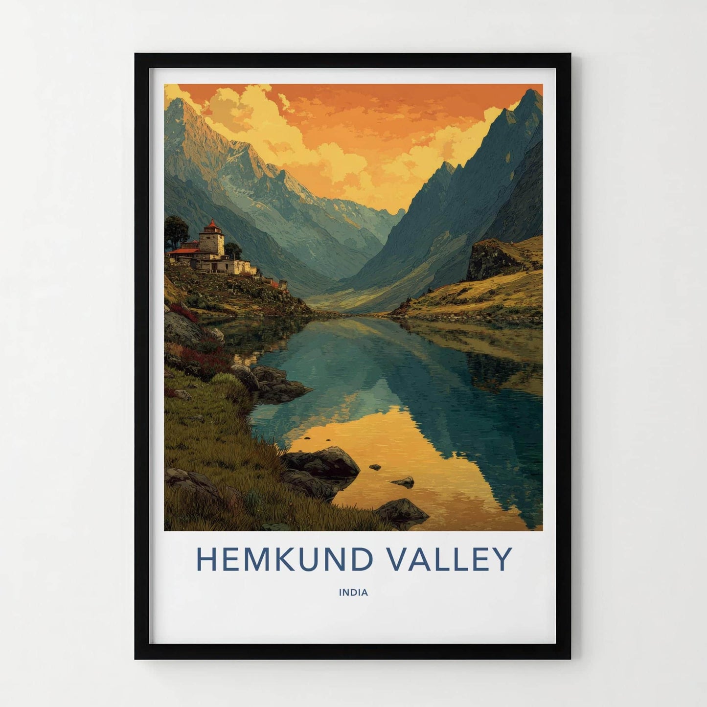 Hemkund Valley Poster - India Travel Art - Uttarakhand Lake Village Home Decor