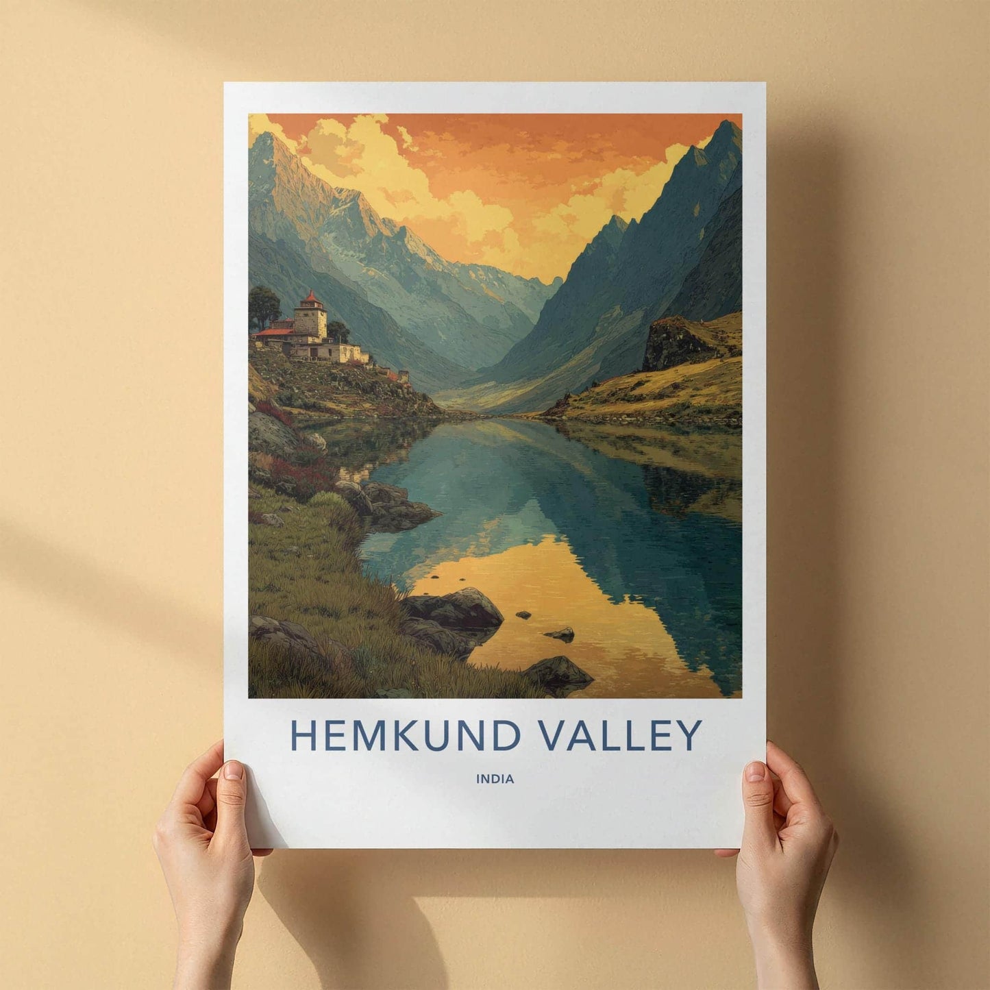 Hemkund Valley Poster - India Travel Art - Uttarakhand Lake Village Home Decor