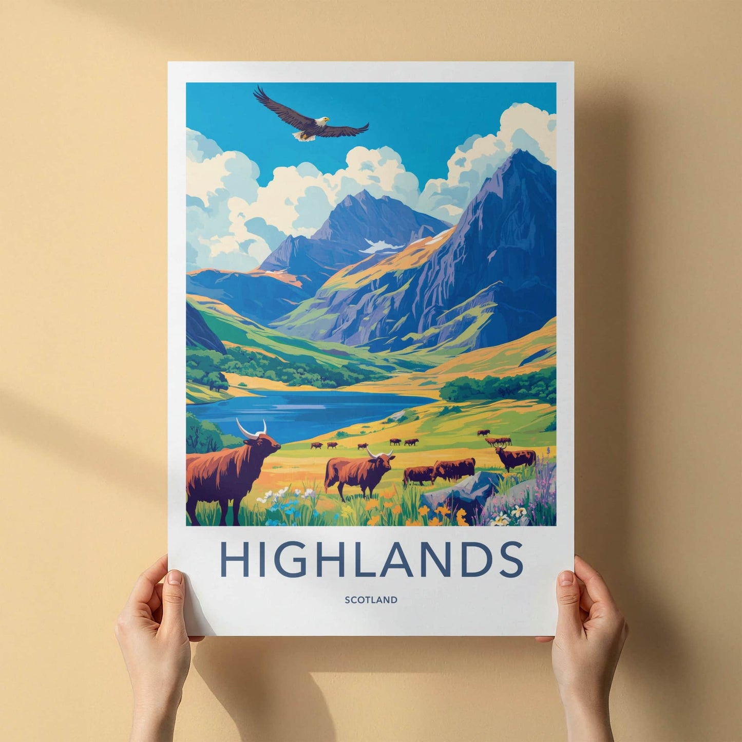 Highlands Poster - Scotland Travel Art - Majestic Valley Cattle Home Decor