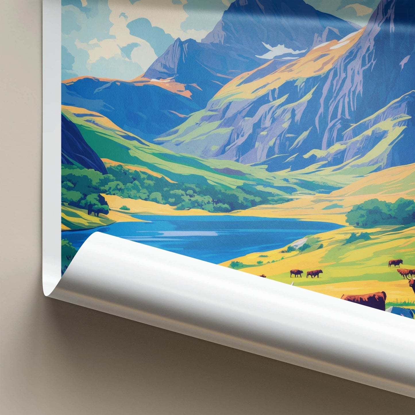 Highlands Poster - Scotland Travel Art - Majestic Valley Cattle Home Decor