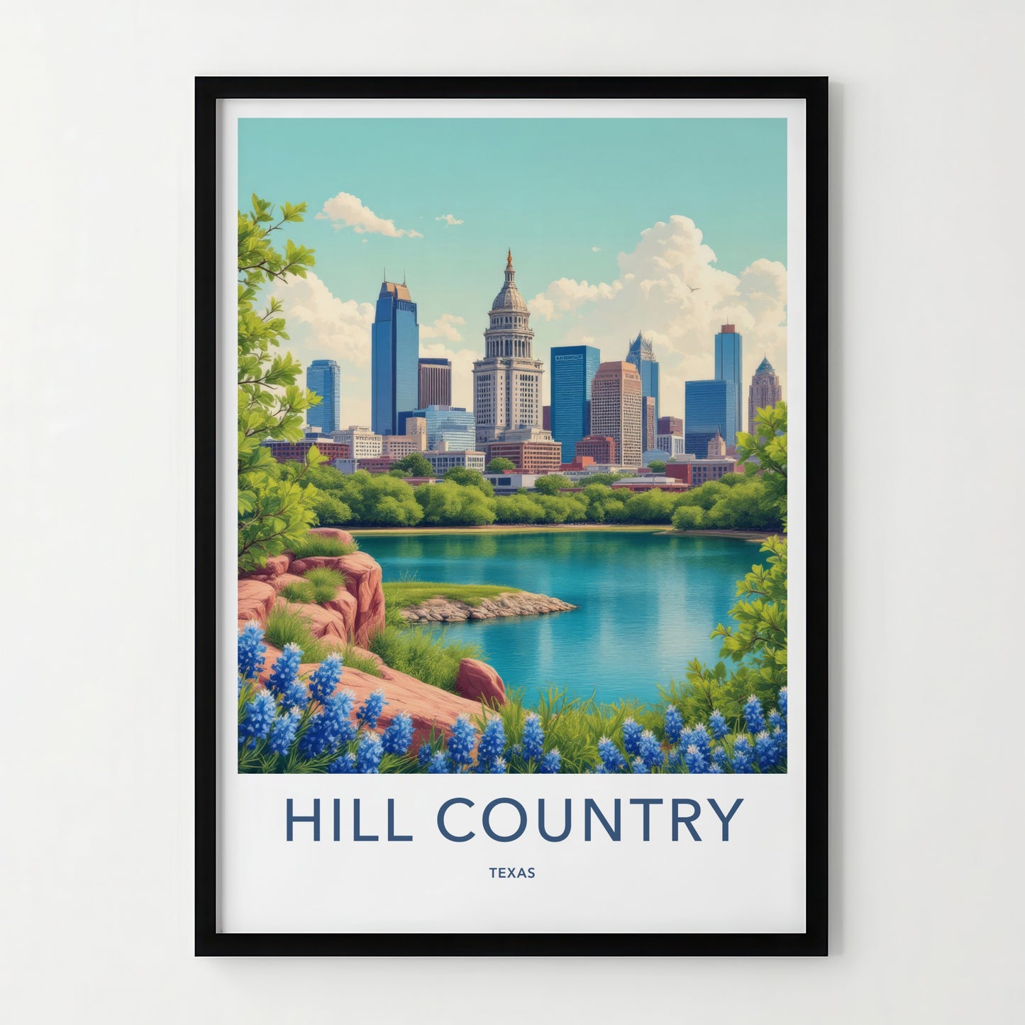 Hill Country Poster - Texas Travel Art - Cityscape Lake Bluebonnets Home Decor