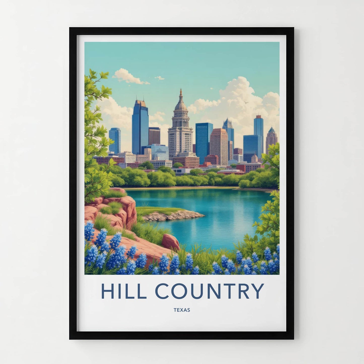 Hill Country Poster - Texas Travel Art - Cityscape Lake Bluebonnets Home Decor
