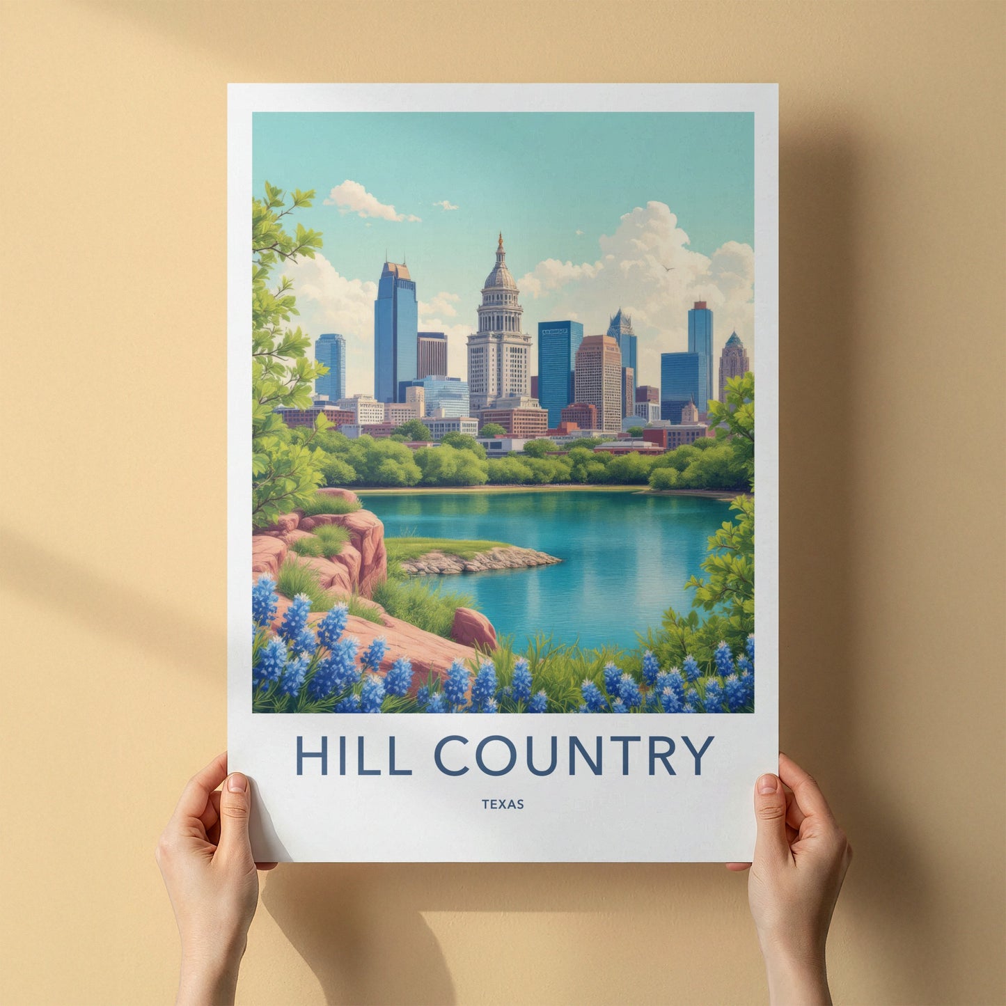 Hill Country Poster - Texas Travel Art - Cityscape Lake Bluebonnets Home Decor
