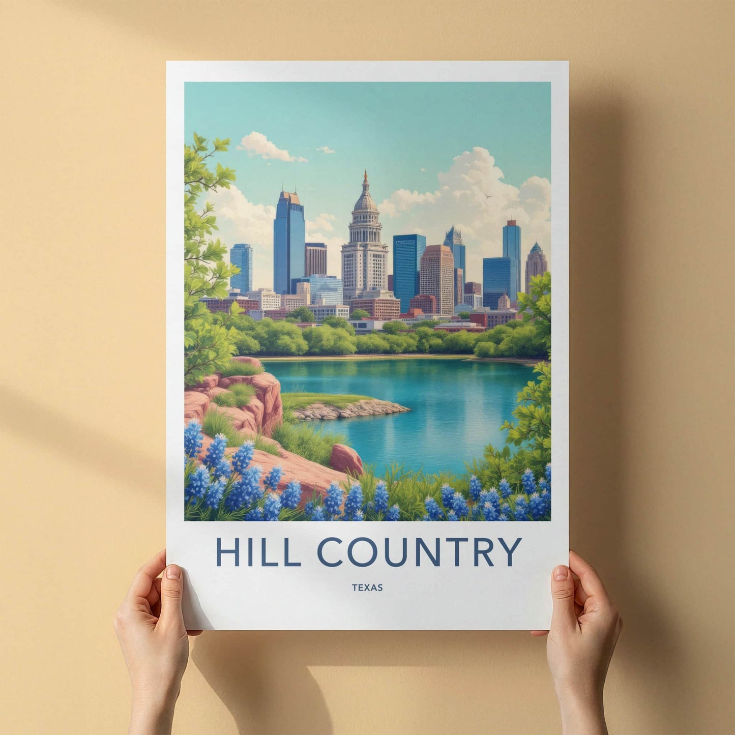 Hill Country Poster - Texas Travel Art - Cityscape Lake Bluebonnets Home Decor