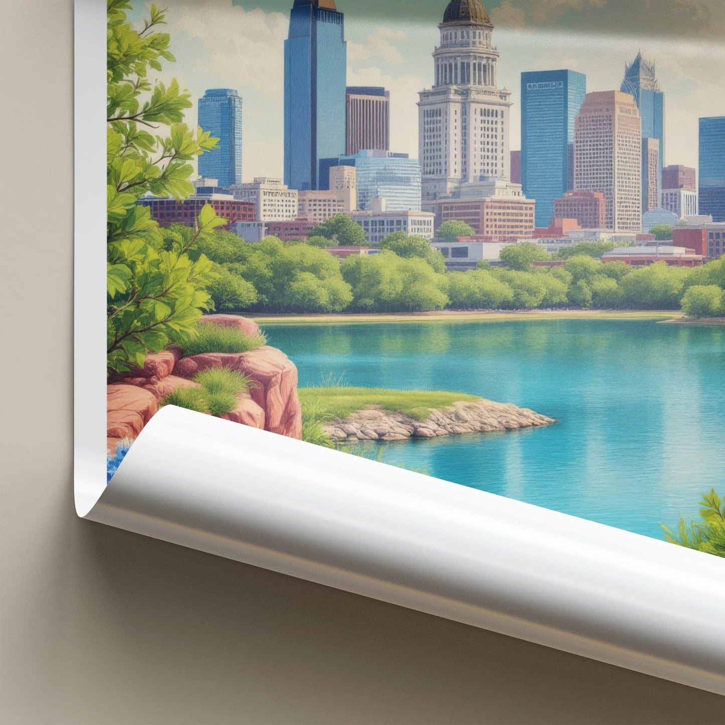 Hill Country Poster - Texas Travel Art - Cityscape Lake Bluebonnets Home Decor