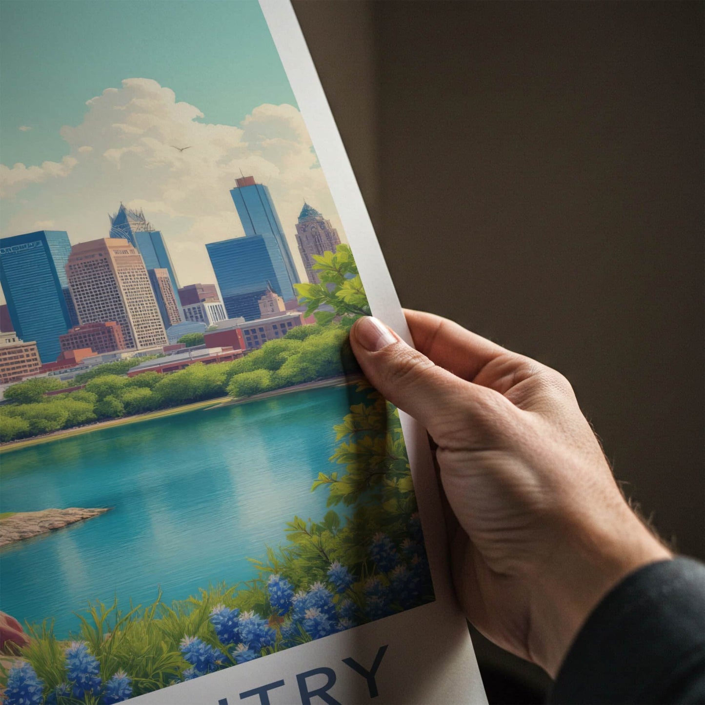 Hill Country Poster - Texas Travel Art - Cityscape Lake Bluebonnets Home Decor