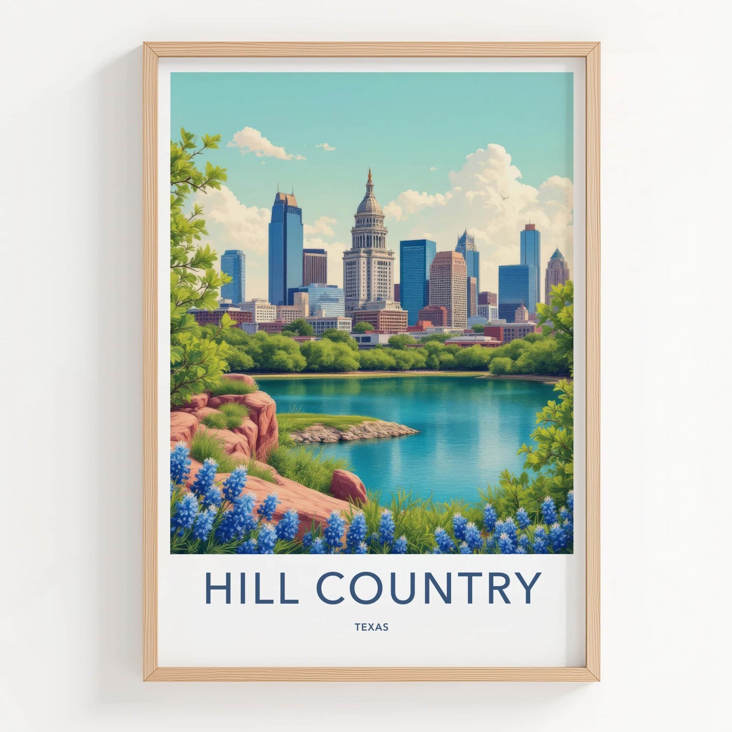 Hill Country Poster - Texas Travel Art - Cityscape Lake Bluebonnets Home Decor