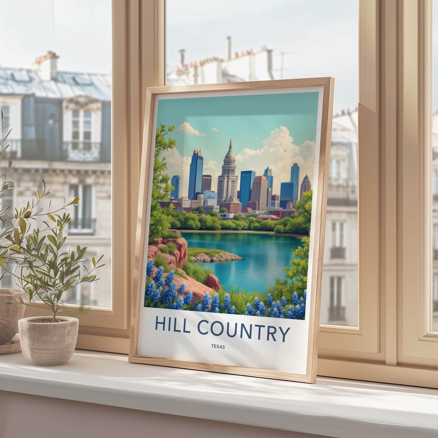 Hill Country Poster - Texas Travel Art - Cityscape Lake Bluebonnets Home Decor