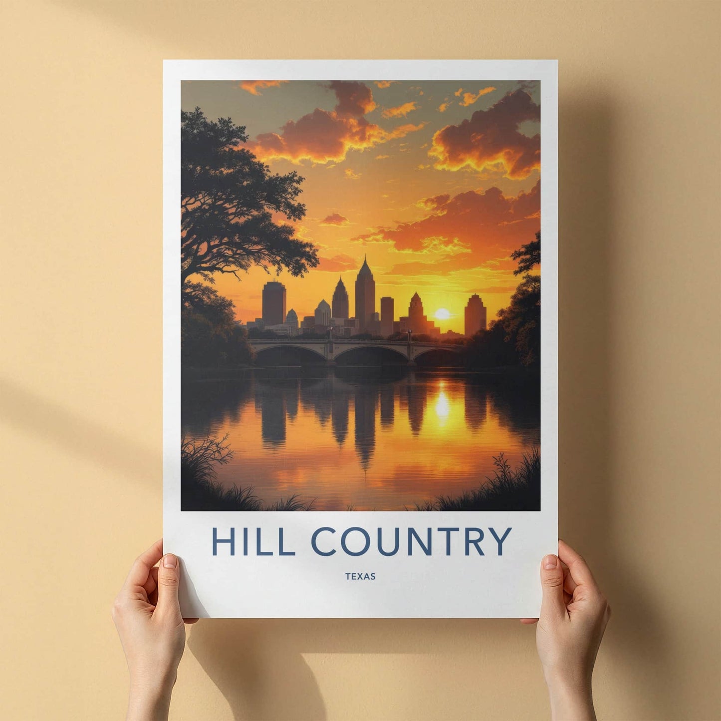 Hill Country Poster - Texas Travel Art - Golden Hour Skyline Wall Decor