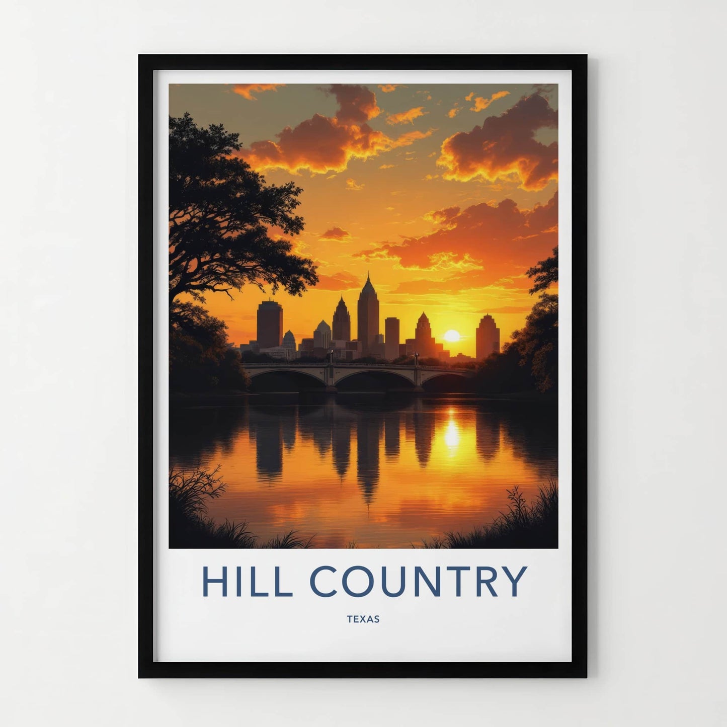 Hill Country Poster - Texas Travel Art - Golden Hour Skyline Wall Decor
