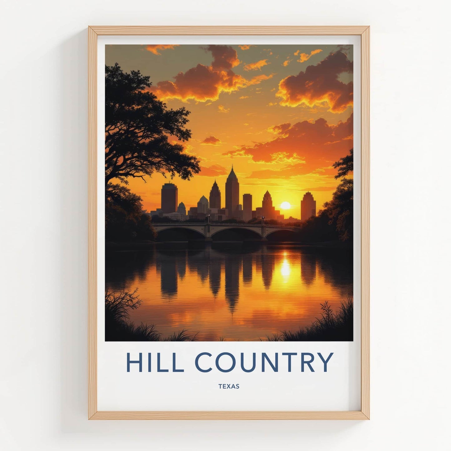 Hill Country Poster - Texas Travel Art - Golden Hour Skyline Wall Decor