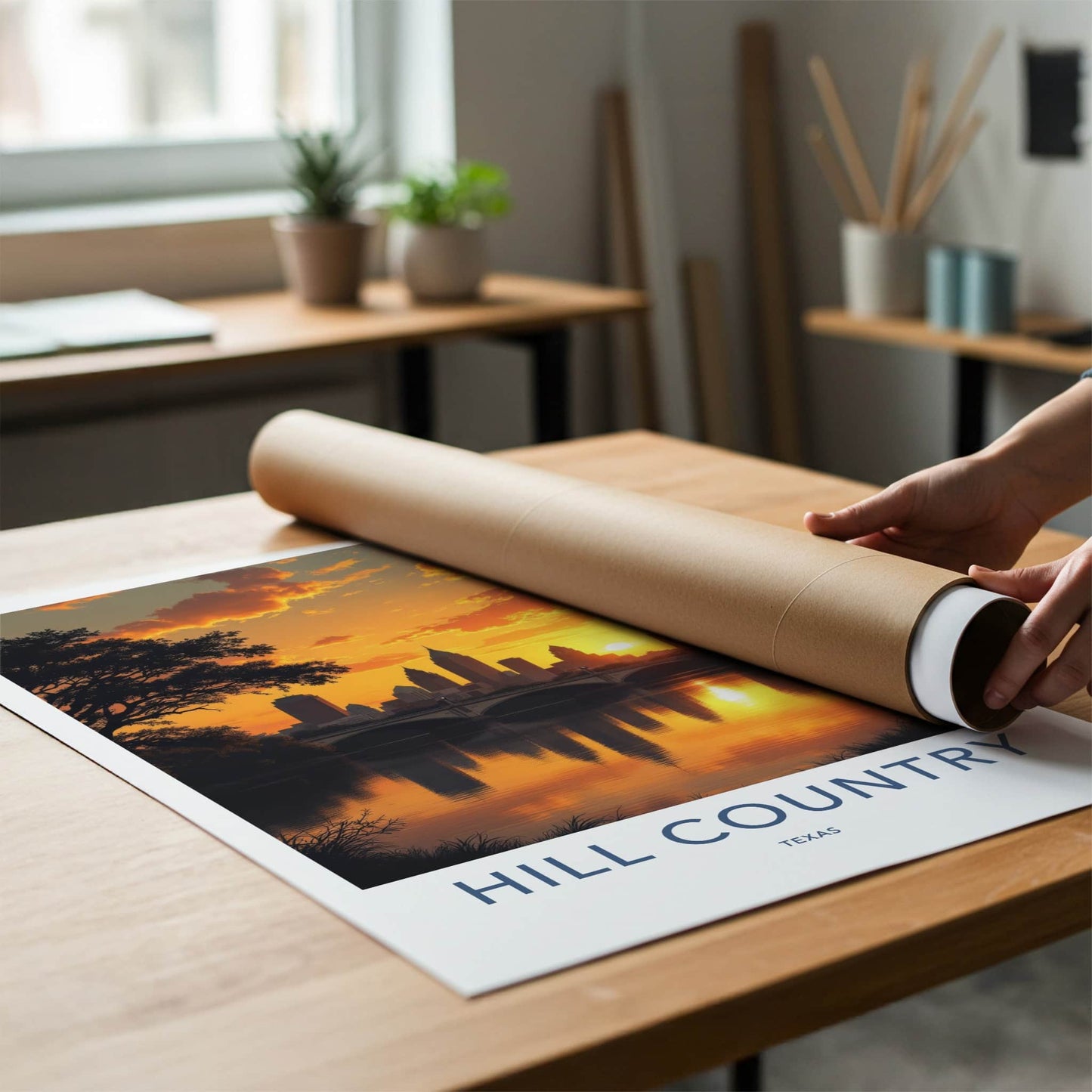 Hill Country Poster - Texas Travel Art - Golden Hour Skyline Wall Decor