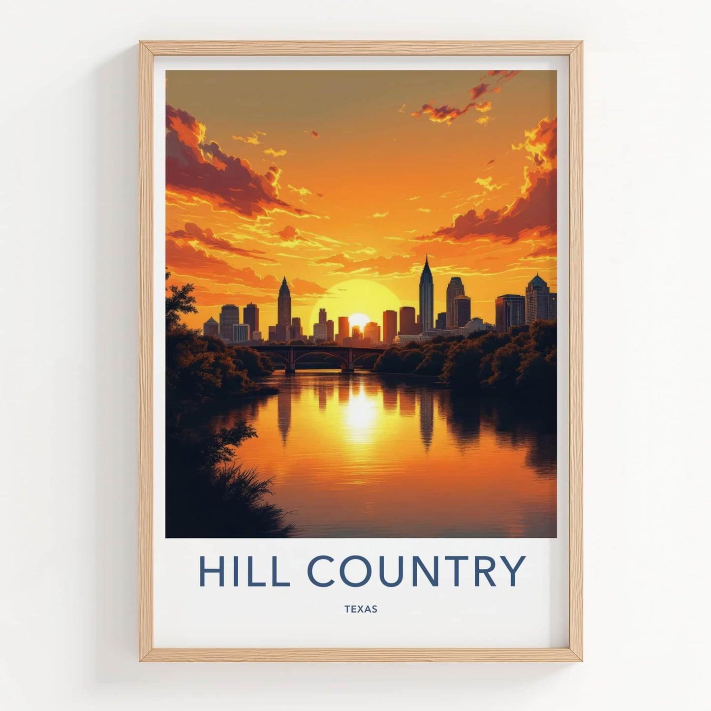 Hill Country Poster - Texas Wall Art - City River Sunset Home Decor