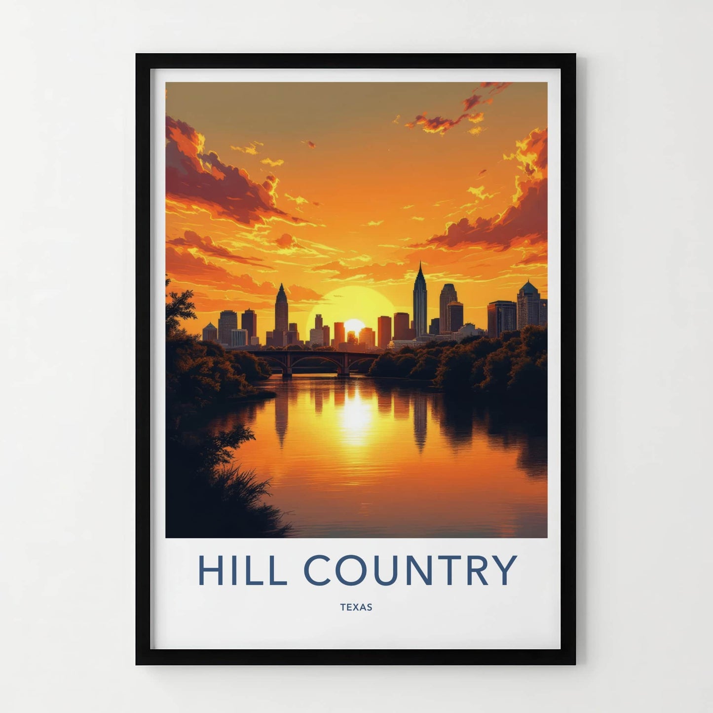 Hill Country Poster - Texas Wall Art - City River Sunset Home Decor