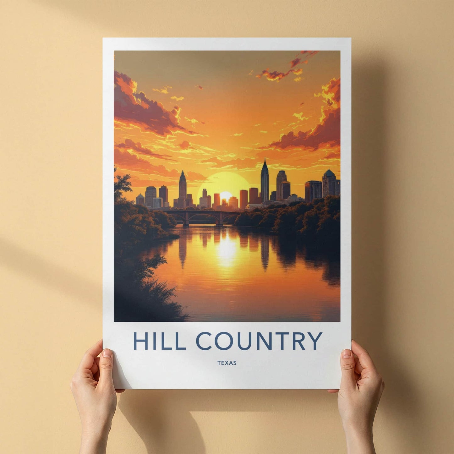Hill Country Poster - Texas Wall Art - City River Sunset Home Decor