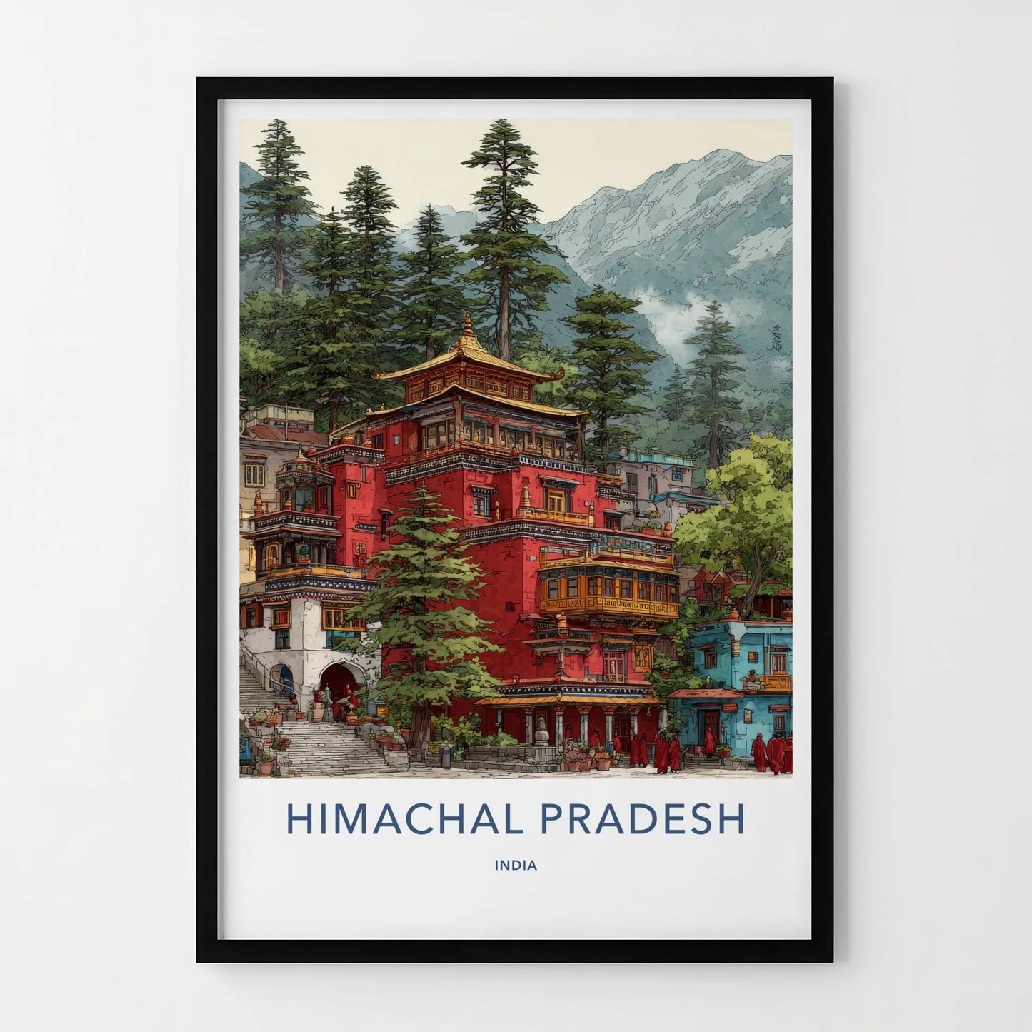 Himachal Pradesh Poster - India Wall Art - Monks Trees Mountain Home Decor
