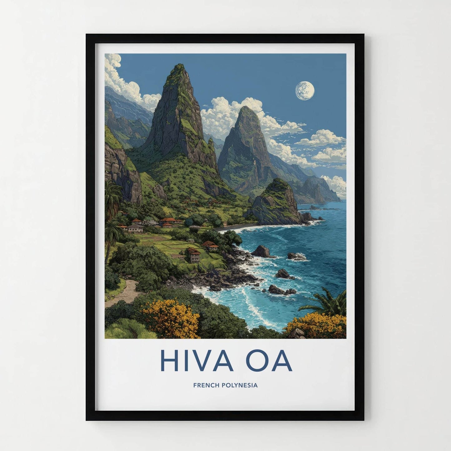 Hiva Oa Poster - French Polynesia Travel Art - Lush green mountains Wall Decor