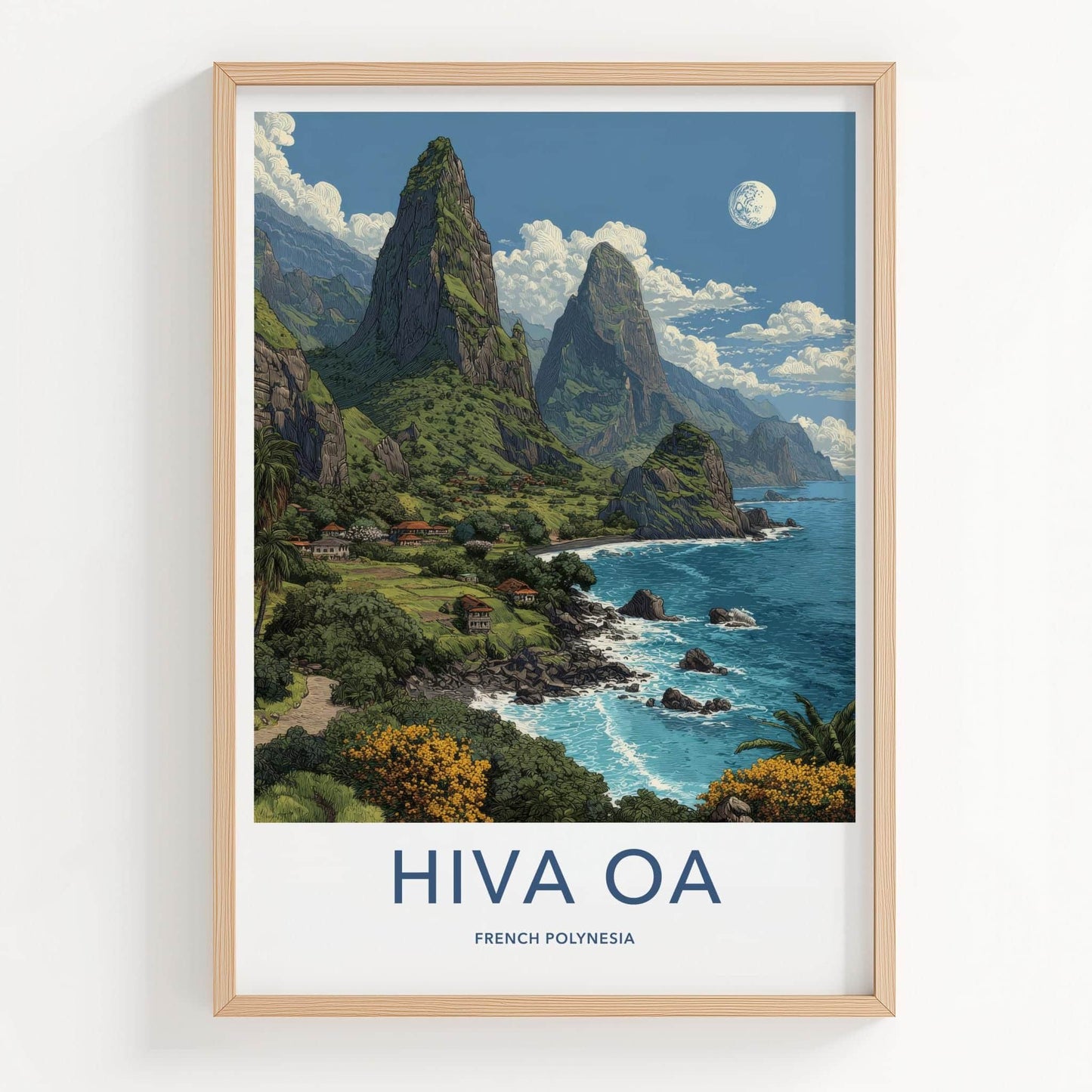 Hiva Oa Poster - French Polynesia Travel Art - Lush green mountains Wall Decor