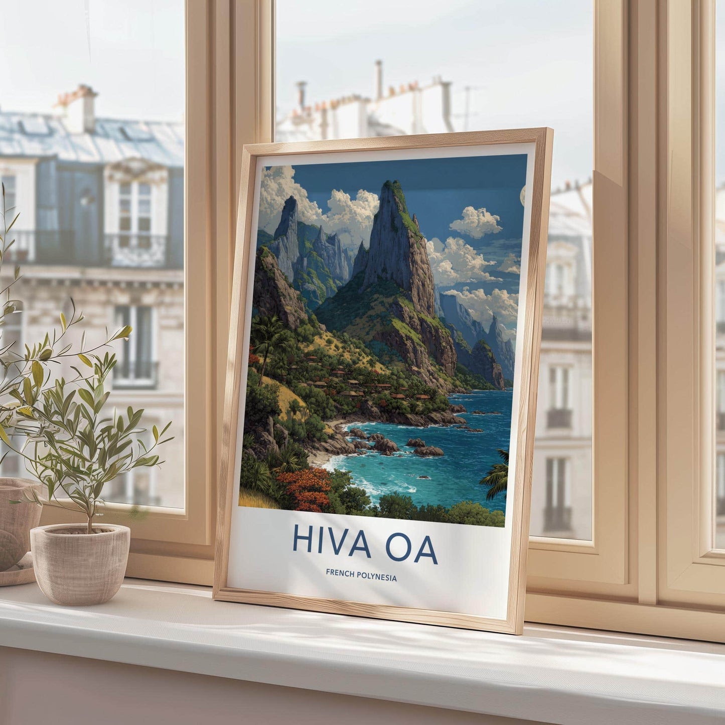 Hiva Oa Poster - French Polynesia Travel Art - Lush Mountainous Coast Wall Decor