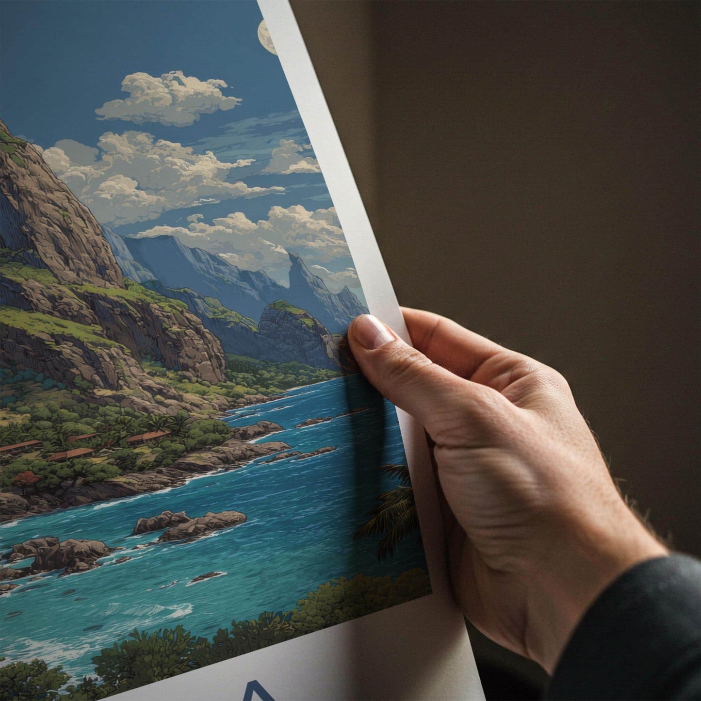 Hiva Oa Poster - French Polynesia Travel Art - Lush Mountainous Coast Wall Decor