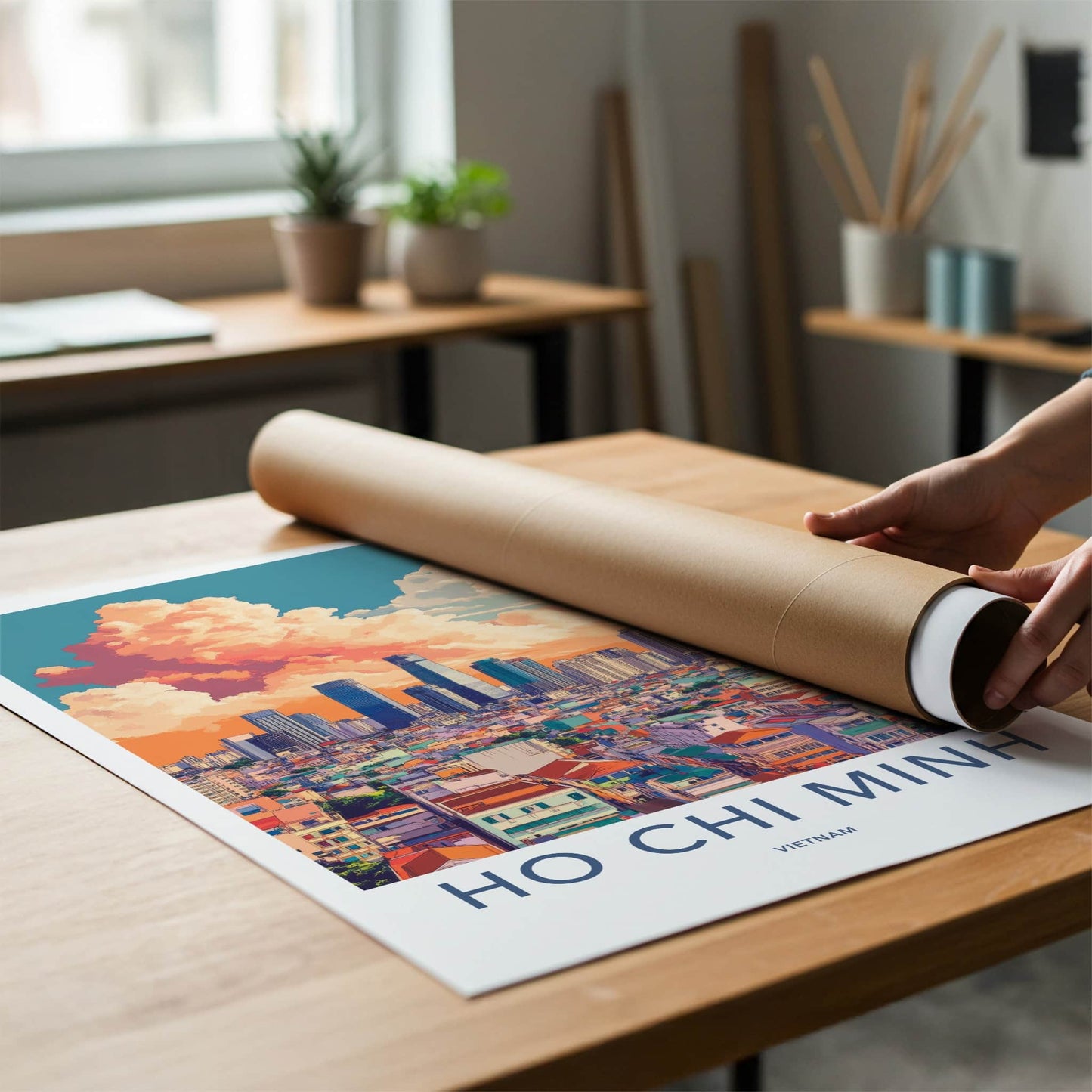 Ho Chi Minh Poster - Vietnam Travel Art - Orange Cloud Cityscape Home Decor