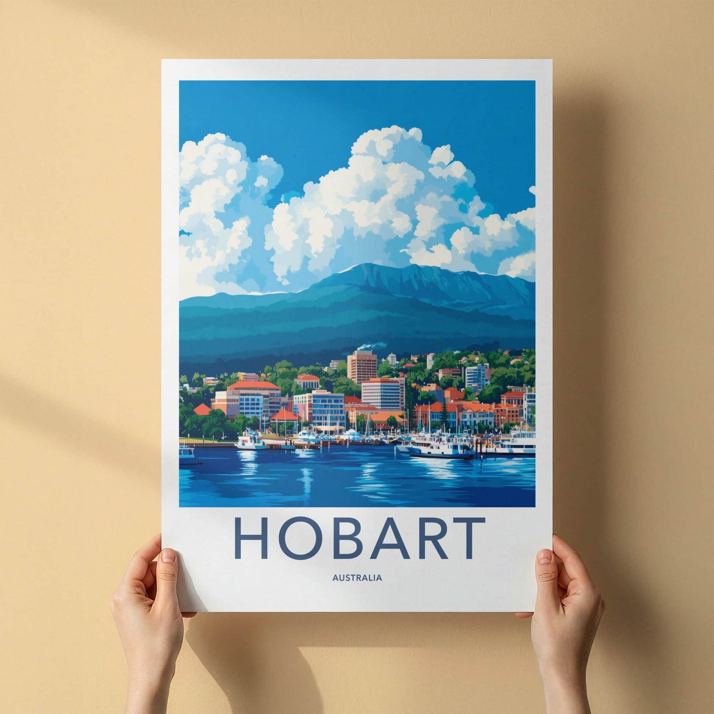 Hobart Poster - Australia Travel Art - Waterfront City Mountain Wall Decor