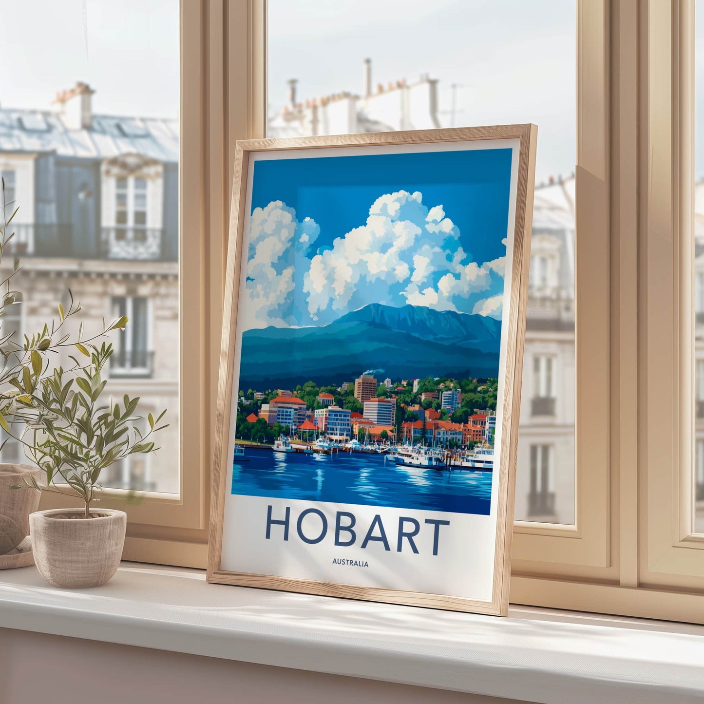 Hobart Poster - Australia Travel Art - Waterfront City Mountain Wall Decor
