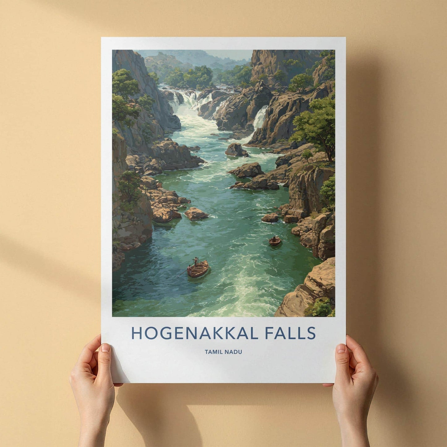 Hogenakkal Falls Poster - India Travel Art - Tamil Nadu River Falls Wall Decor