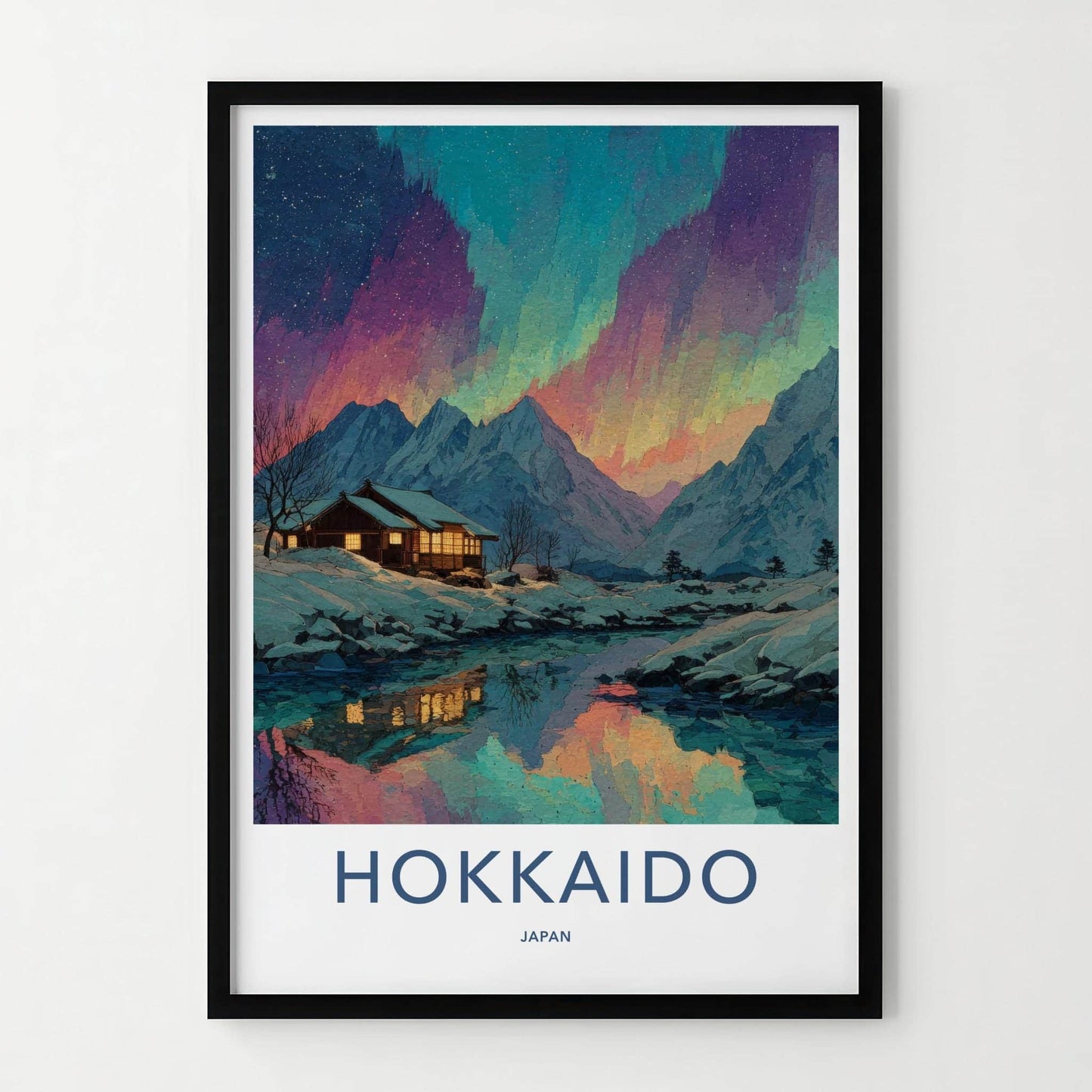 Hokkaido Poster - Japan Travel Art - Northern Lights Cabin Home Decor