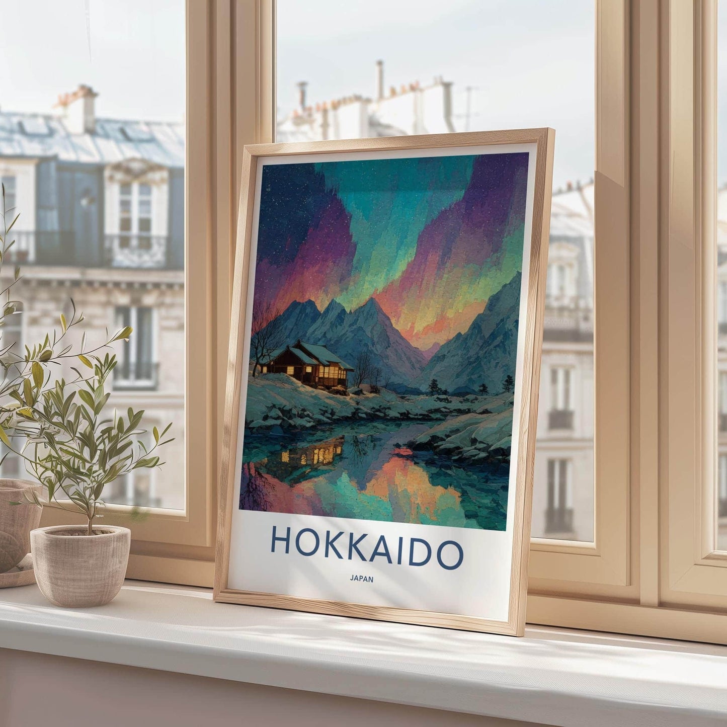 Hokkaido Poster - Japan Travel Art - Northern Lights Cabin Home Decor