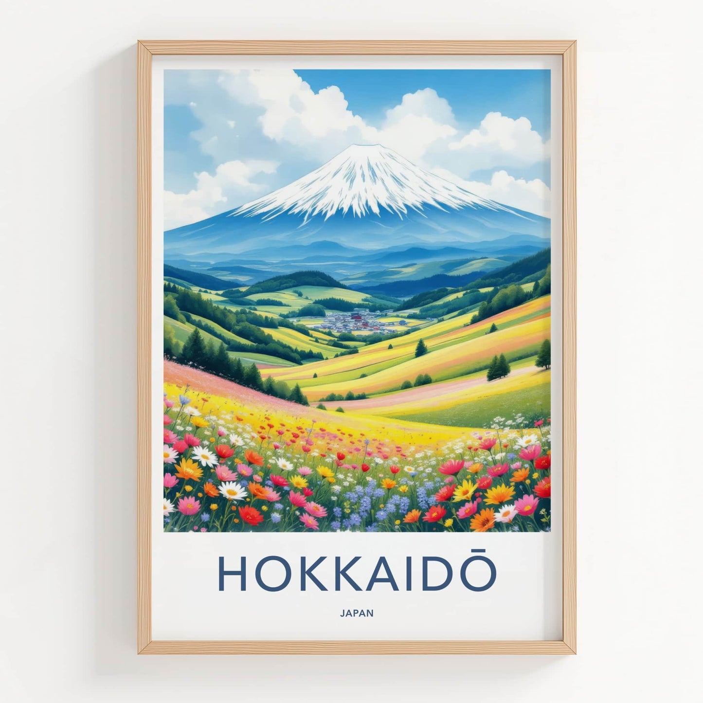 Hokkaido Poster - Japan Travel Art - Snowy Mountain Flower Field Home Decor