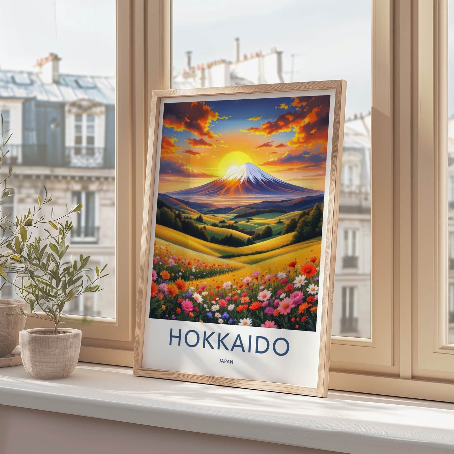 Hokkaido Poster - Japan Travel Art - Sunset Mountain Field Wall Decor