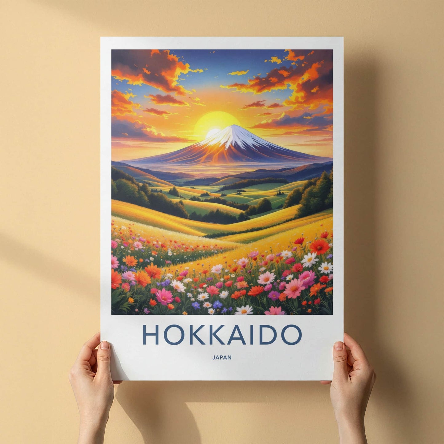 Hokkaido Poster - Japan Travel Art - Sunset Mountain Field Wall Decor