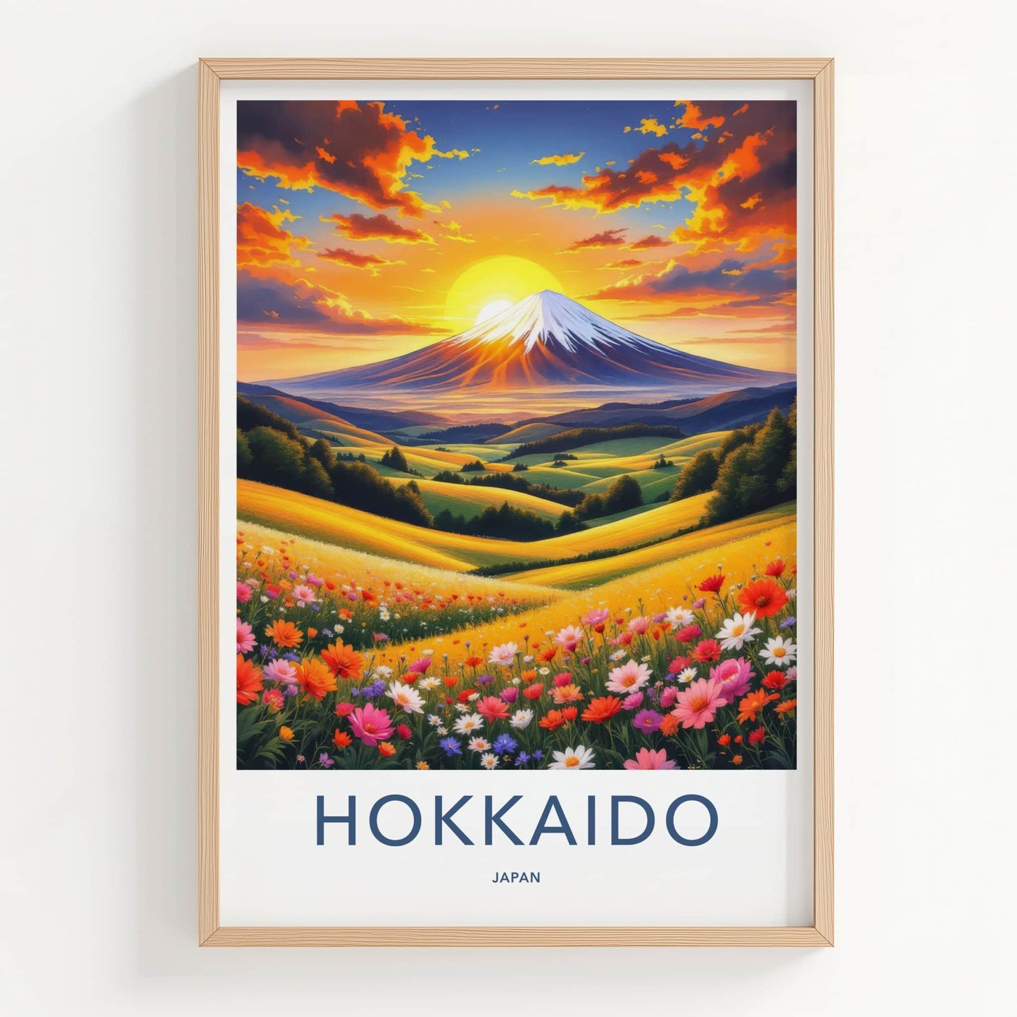 Hokkaido Poster - Japan Travel Art - Sunset Mountain Field Wall Decor