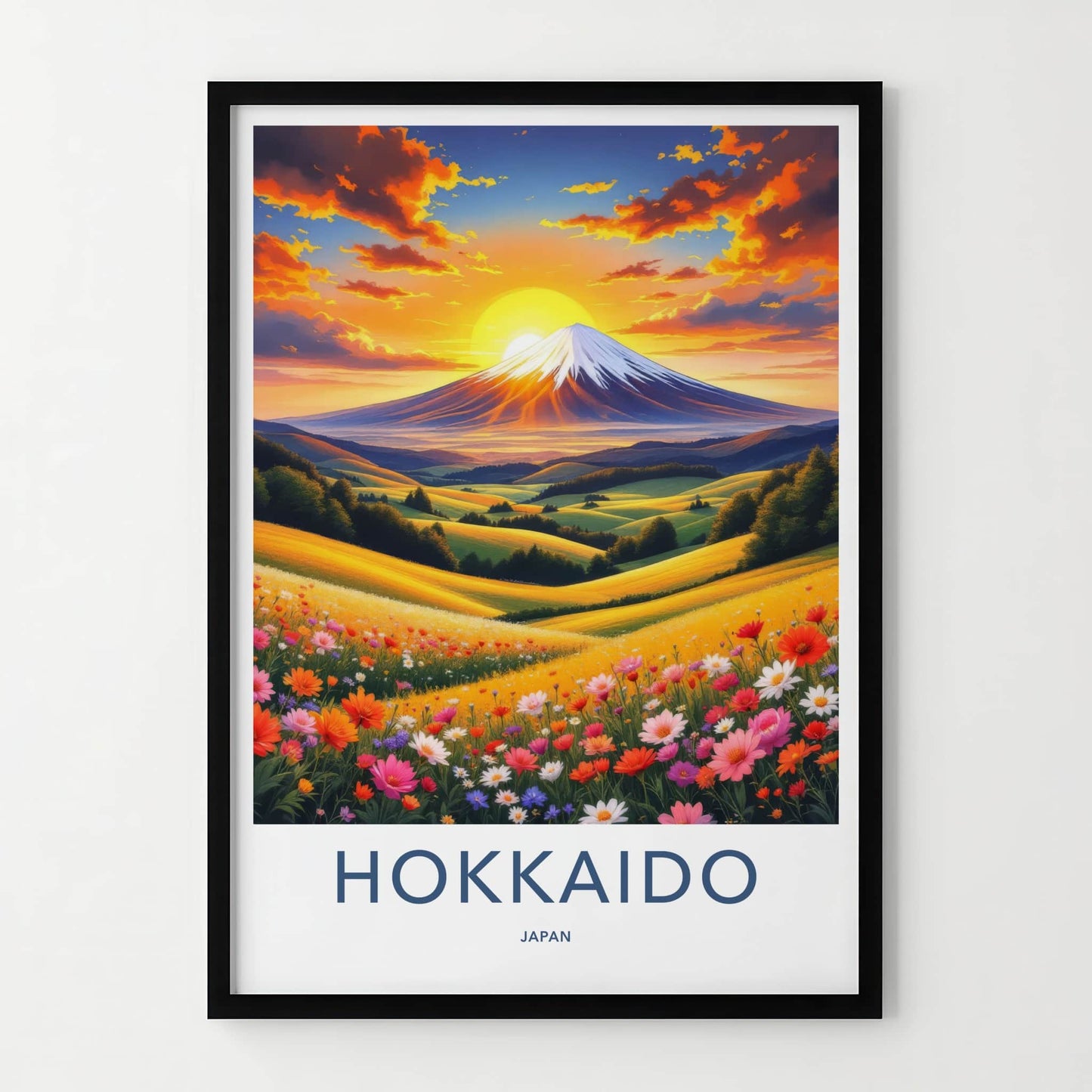 Hokkaido Poster - Japan Travel Art - Sunset Mountain Field Wall Decor