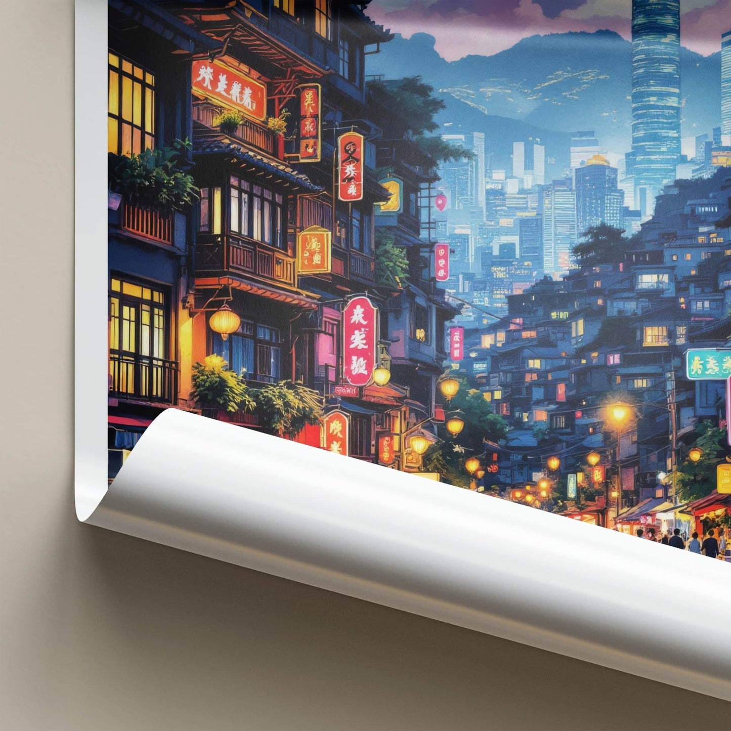 Hong Kong Poster - Asia Travel Print - Neon Lit Street Gallery Art