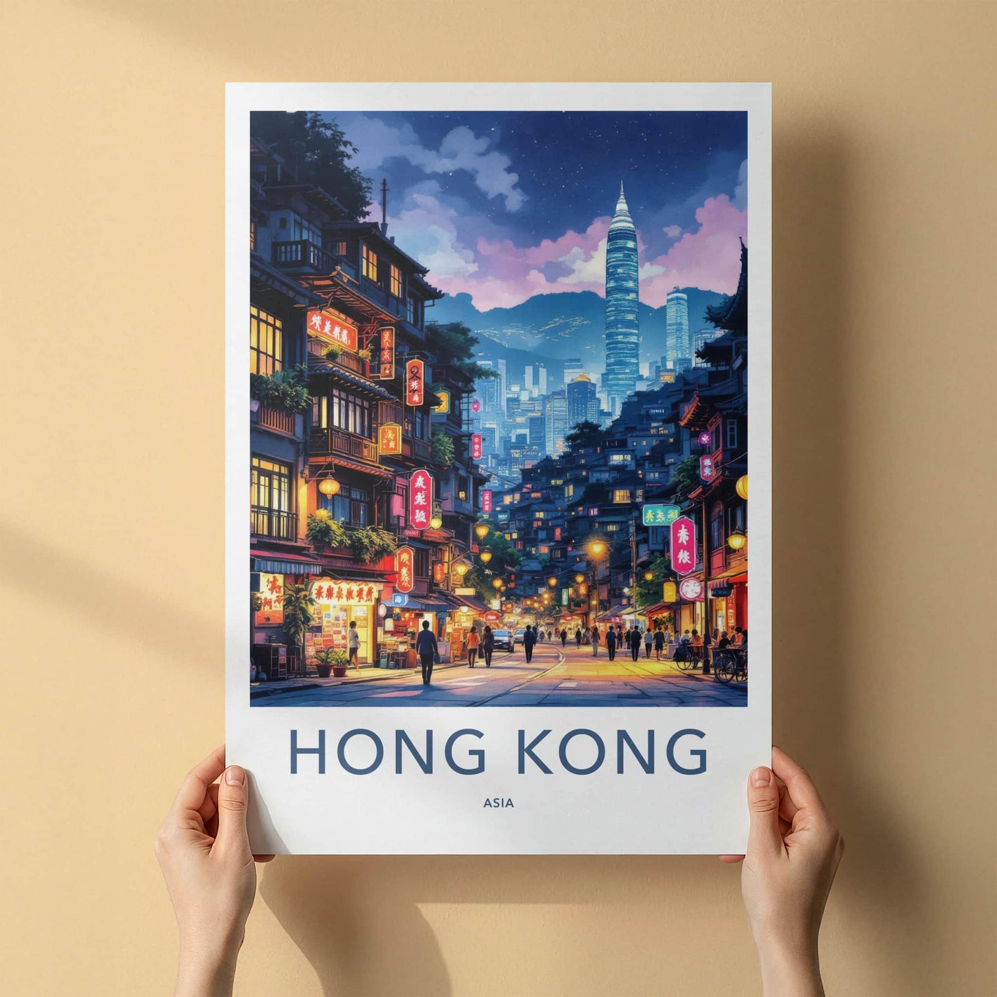 Hong Kong Poster - Asia Travel Print - Neon Lit Street Gallery Art